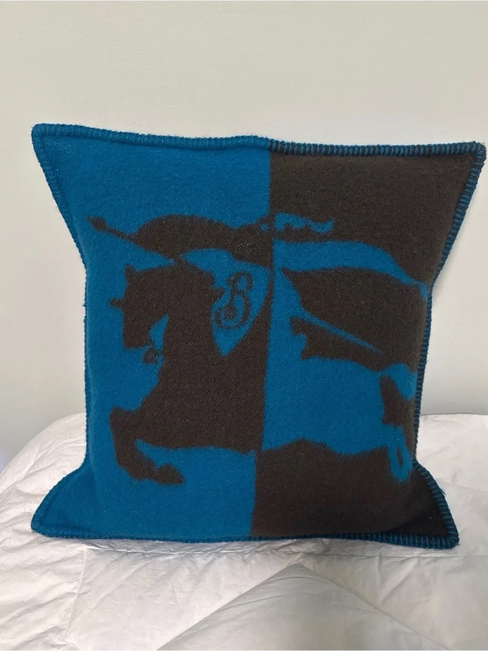 Burberry Teal Blue & Dark Brown Equestrian Wool Throw Pillow
